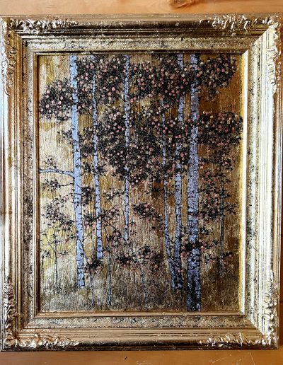 Aspen Grove on Gold - 20x30 mixed media with pen and ink and silver leaf on gold
