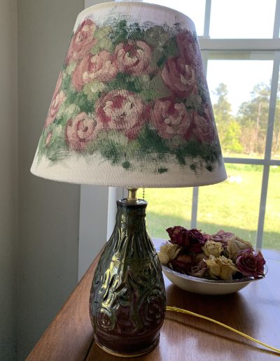 Glazed pottery, lamp, base and pen and ink lampshade