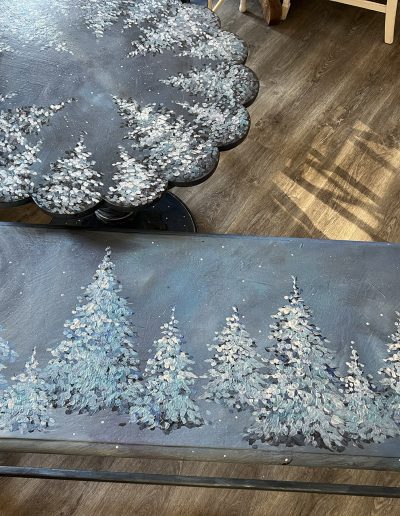 As I Gaze in the Starry Sky 4 - Custom painted scalloped round table and Sofa table - chalk, paint and metal metallic paints